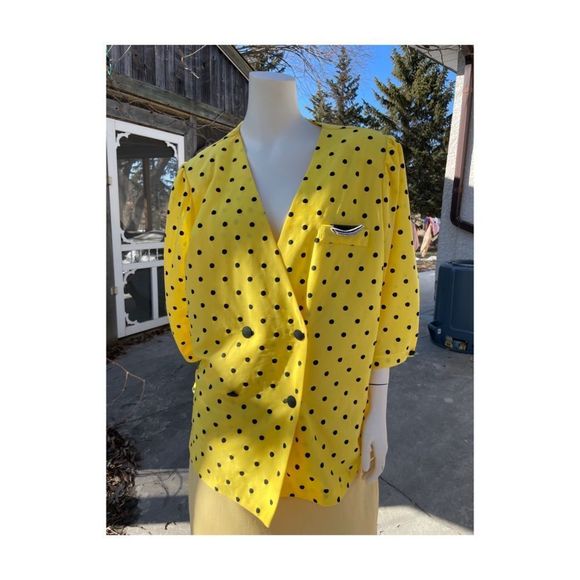Vintage | 80s Power Blazer Yellow Black Polkadots Double Breast - Picture 1 of 1
